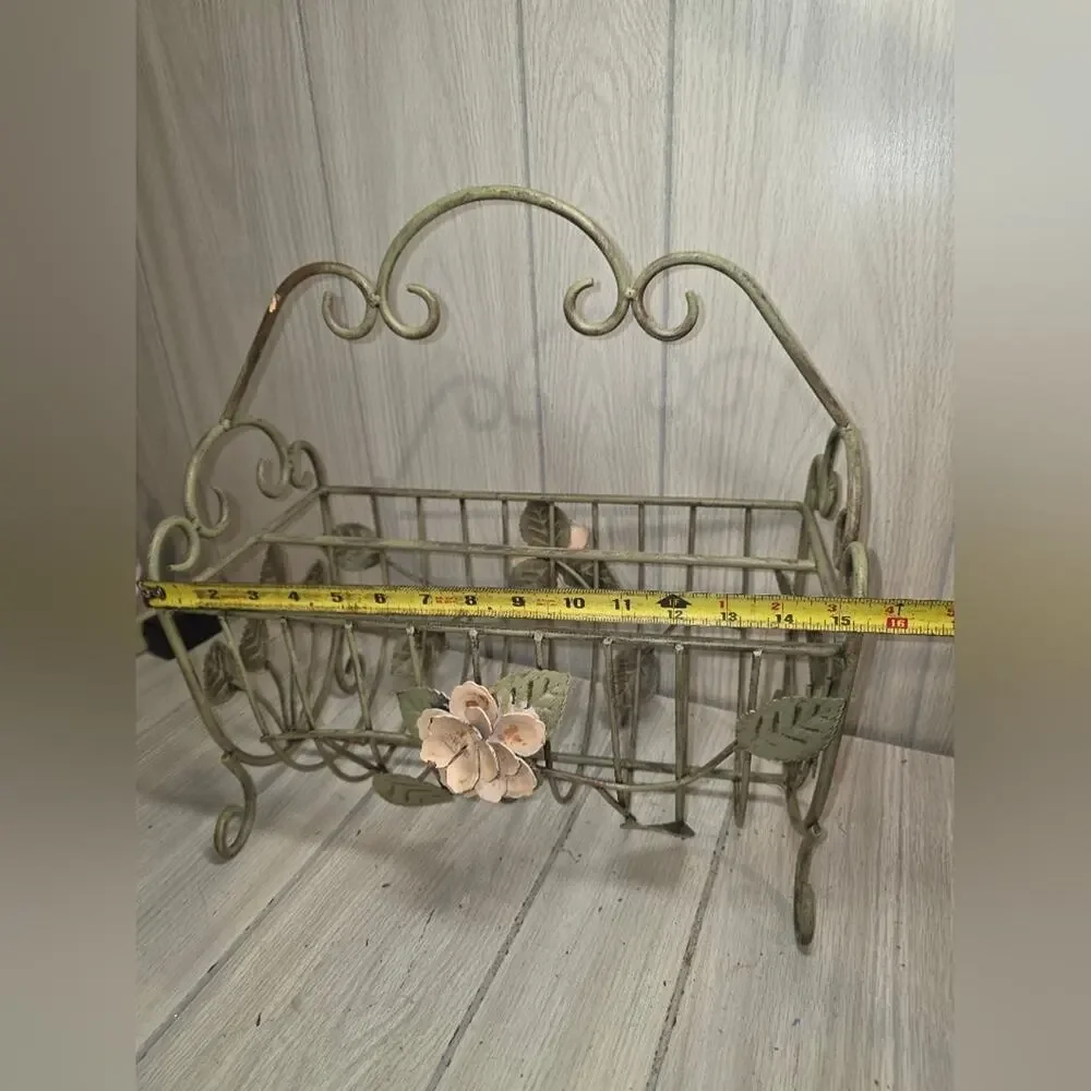 Vtg White Wrought Iron W/Pink Metal Flower Magazine Rack Storage Bin Coquette